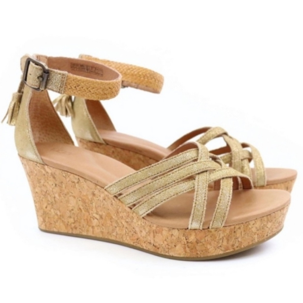 UGG Australia Lillie Gold Suede Metallic Wedge Braided Strap Back Tassel Accent